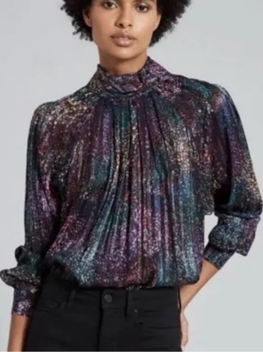 Reiss Darcey Shimmery Multi-Colored Pleated High-Neck Blouse Womens 6